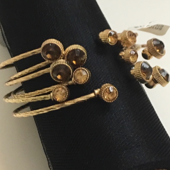 6 Brown/Amber Rhinestone Cable Cuff Gold Bracelets - Picture 8 of 8